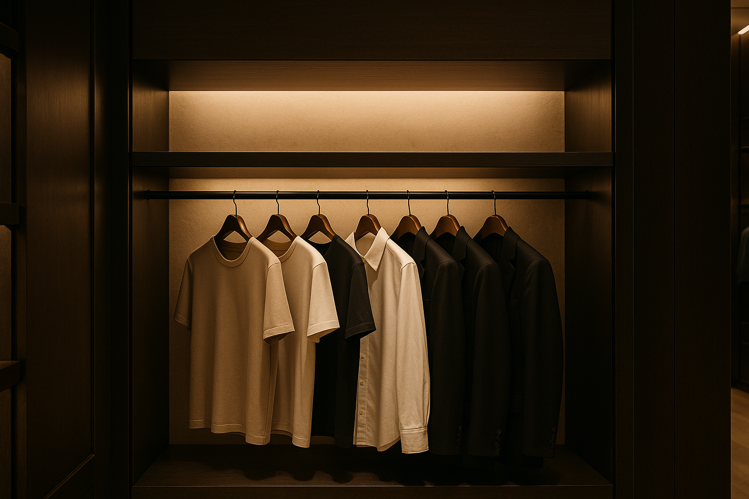 A high-end clothing store interior with a nearly empty shelf or clothing rack. The store has a luxurious, minimalist design with black and dark brown wooden accents. The lighting is warm and soft, creating a premium atmosphere. Only a few clothing items left on the rack or shelf, suggesting that most items have been sold. Focus on the elegance and subtle drama of scarcity. Clean composition, not the entire store visible — one shelf or corner is enough.