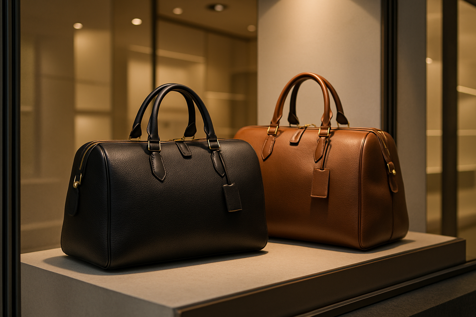 A picture of 2 luxe duffel bags in a etalge, it looks elegant and expensive
