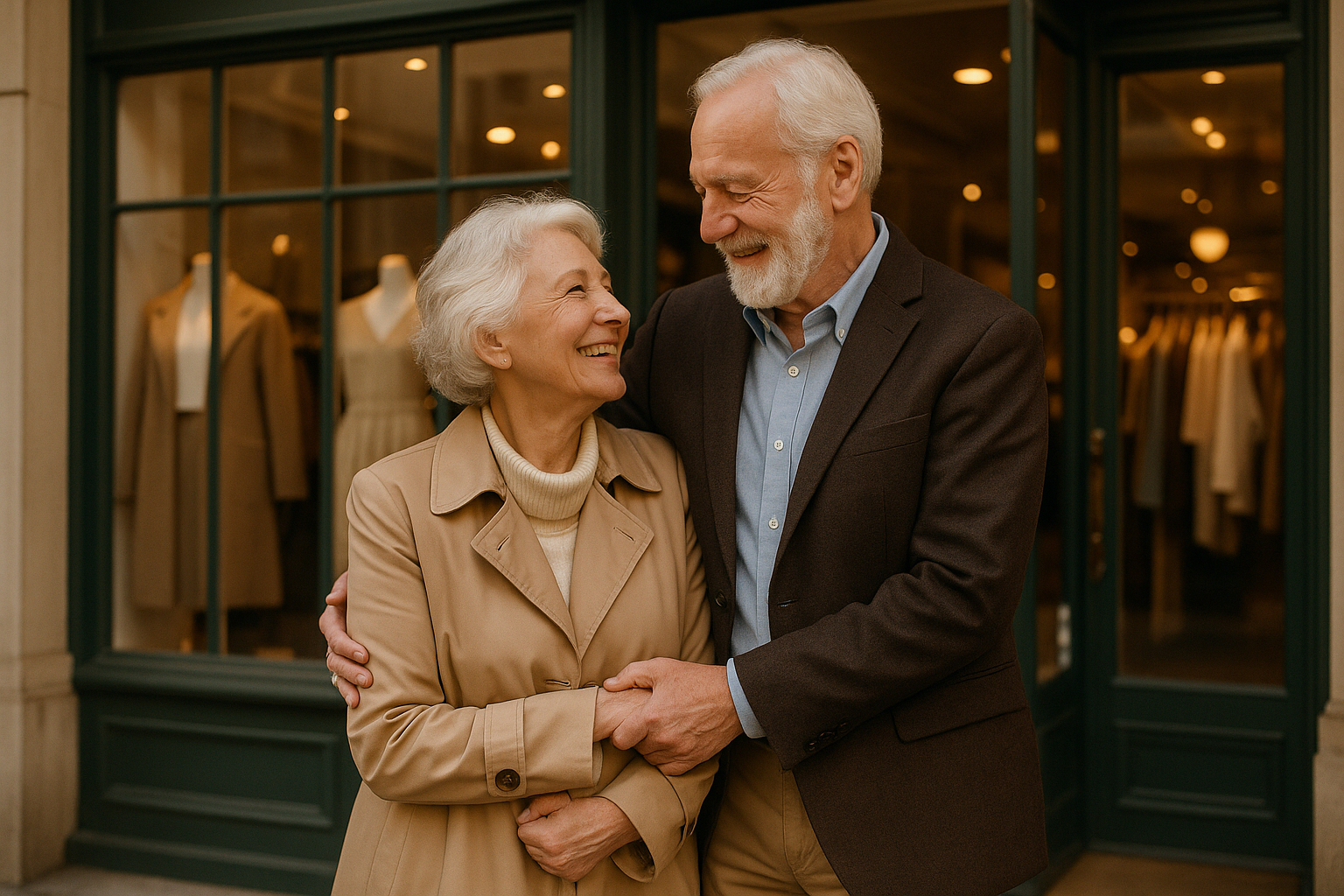 An elderly couple in their 70s, who are in love and standing in front of a clothing store.