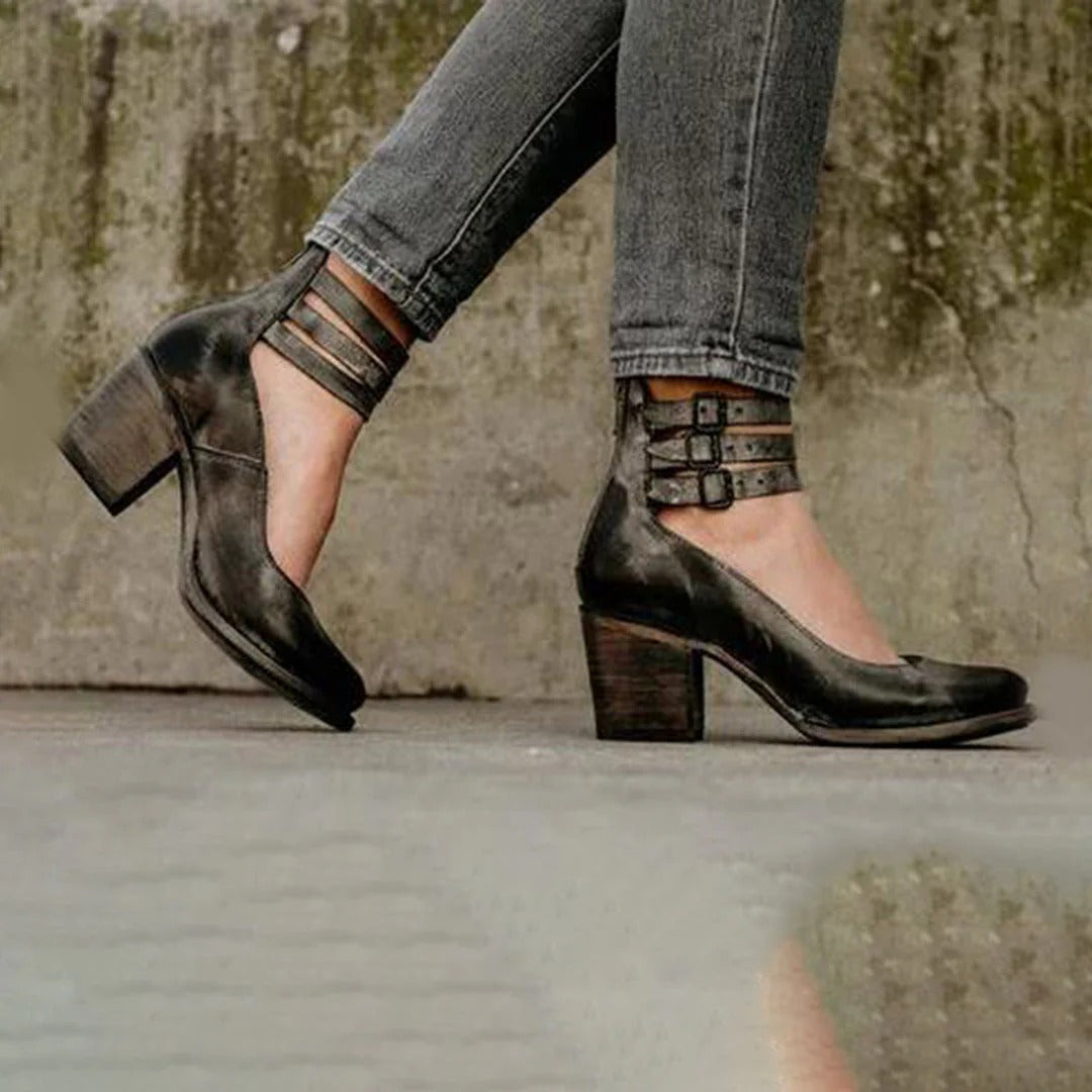 Distressed Leather Mary Jane Heels Women