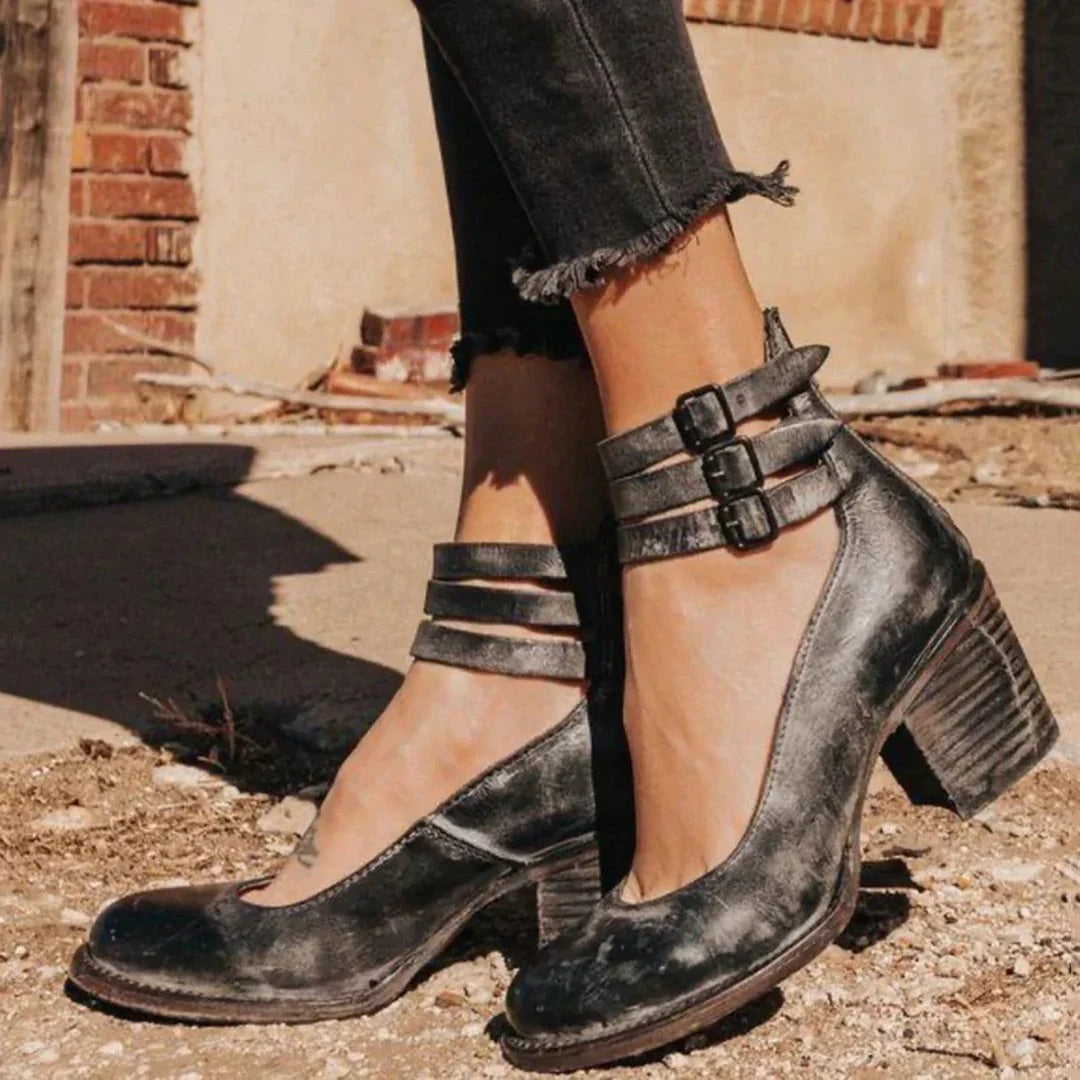 Distressed Leather Mary Jane Heels Women