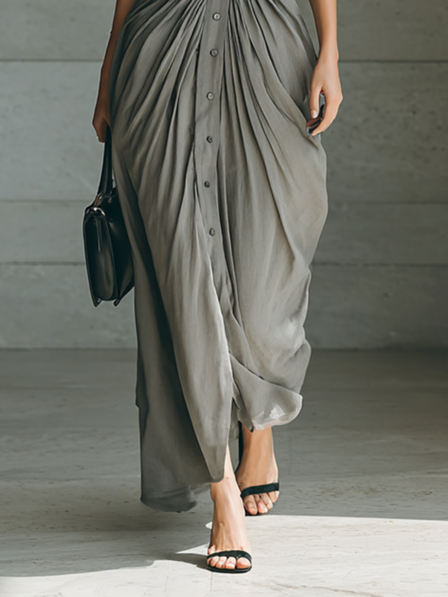Helena - Long Pleated Dress with Belt and V-Neck