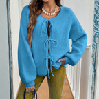 ADRIENNE™ - Chic Long Sleeve Round Neck Tie Front Cardigan