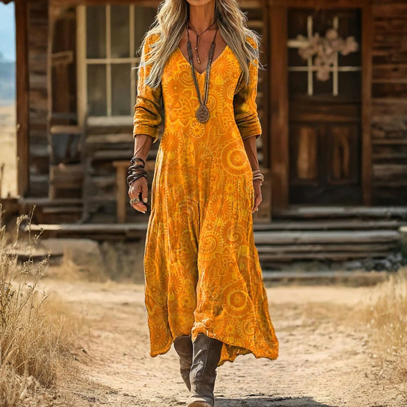 【Long-Sleeved】 Vintage Dress With Floral Pattern