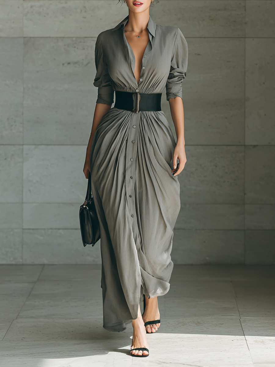 Helena - Long Pleated Dress with Belt and V-Neck
