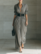 Helena - Long Pleated Dress with Belt and V-Neck