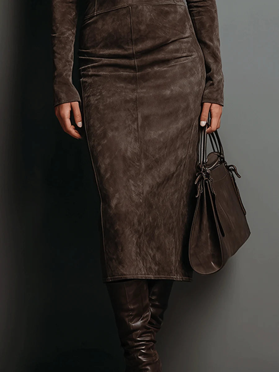 Monika - Long Suede Midi Dress for Fall with Long Sleeves