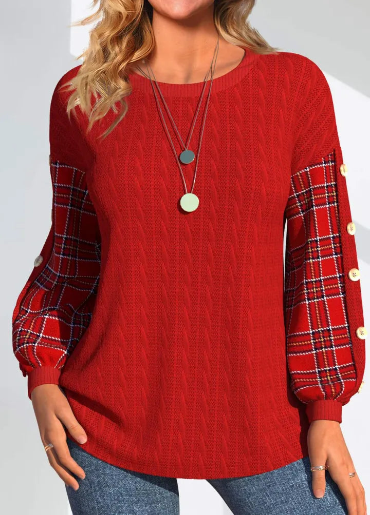 Ida | Red Knit Sweater with Checkered Sleeves
