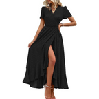 PILAR™ – Classy Flowy Wrap V-Neck Short Sleeve Maxi Dress