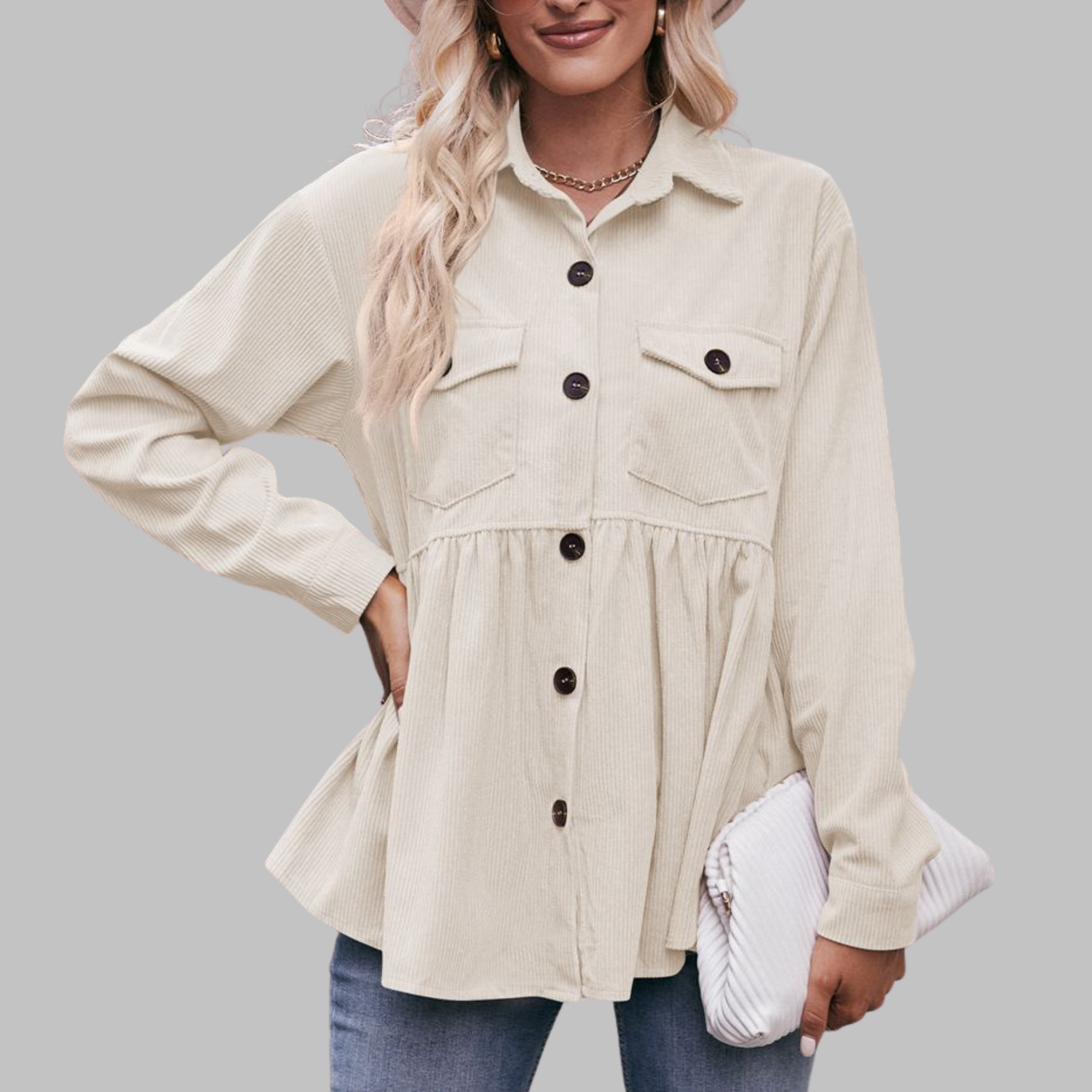 MARISA™ - Vintage Button Front Long Sleeve Collared Top