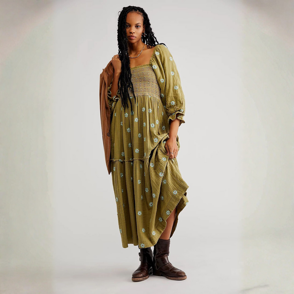 MOIRA™ - Comfy Floral Lantern Sleeve Square Neck Maxi Dress