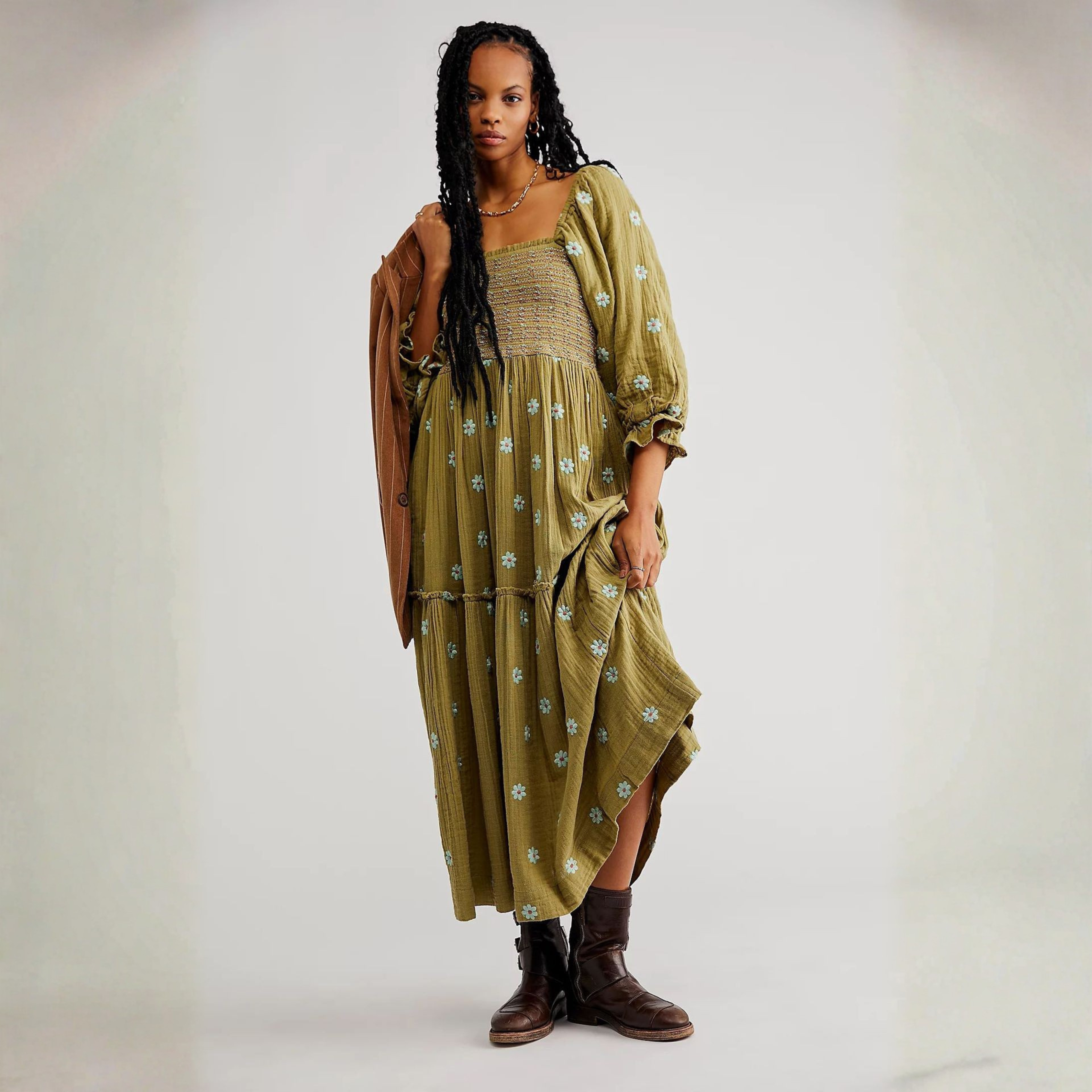 MOIRA™ - Comfy Floral Lantern Sleeve Square Neck Maxi Dress
