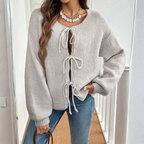 ADRIENNE™ - Chic Long Sleeve Round Neck Tie Front Cardigan