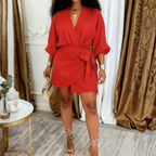 JEIYA™ - Chic Plain Side Tie Wrap V-Neck Bishop Party Mini Dress