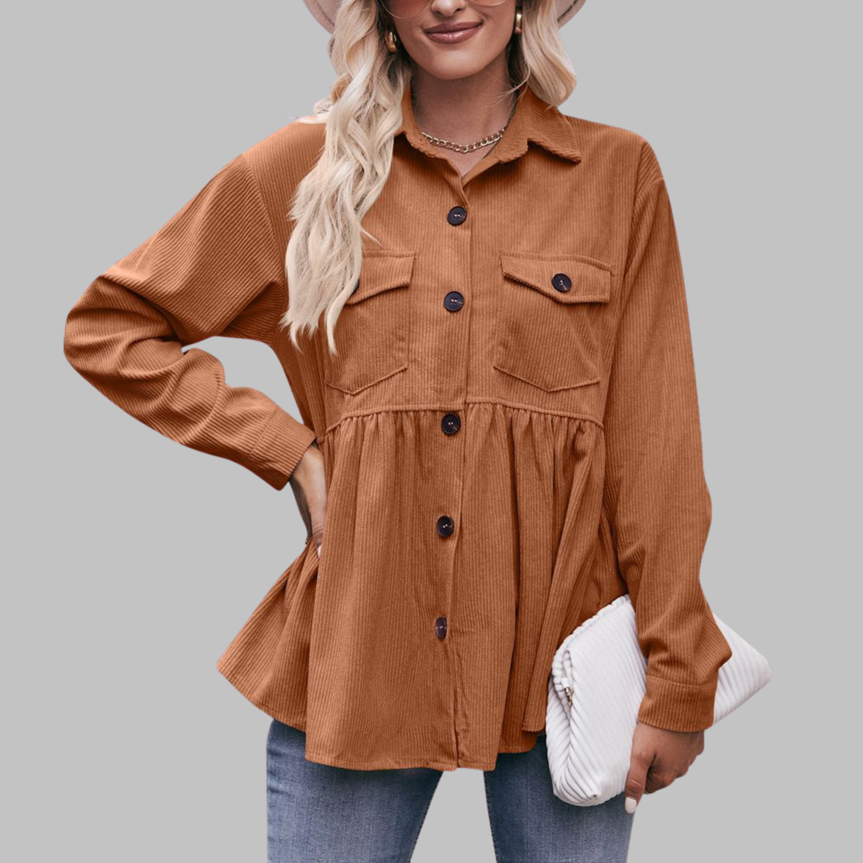 MARISA™ - Vintage Button Front Long Sleeve Collared Top