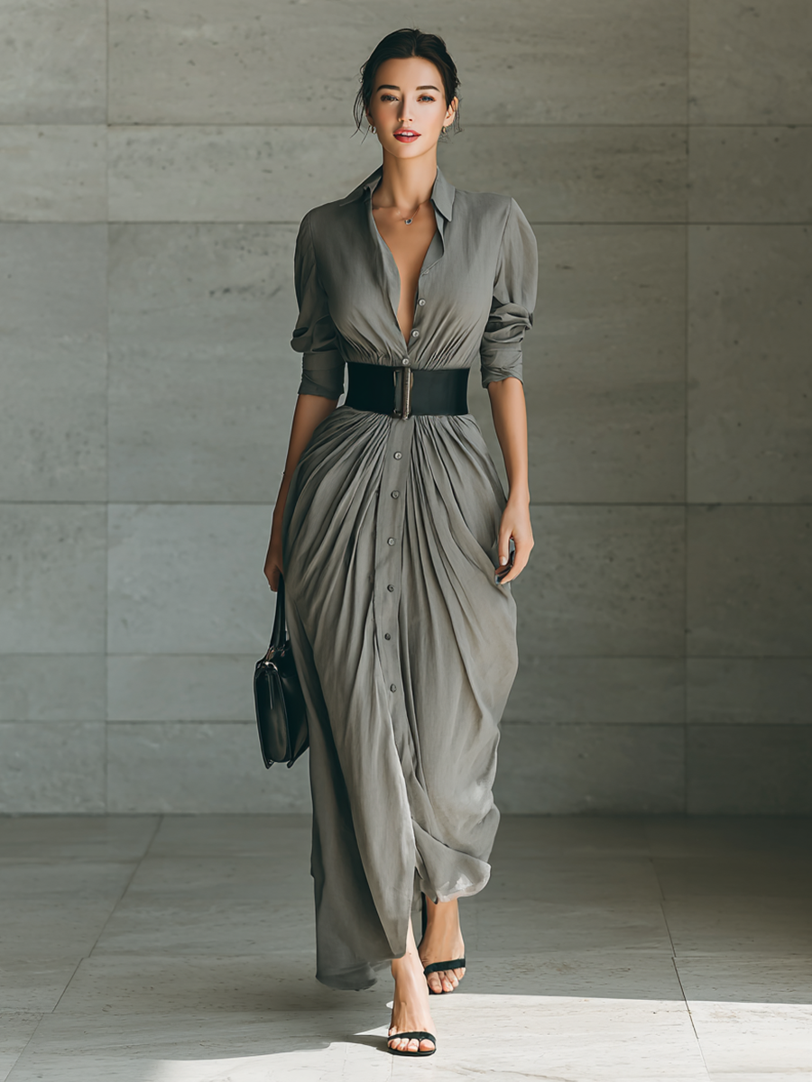 Helena - Long Pleated Dress with Belt and V-Neck