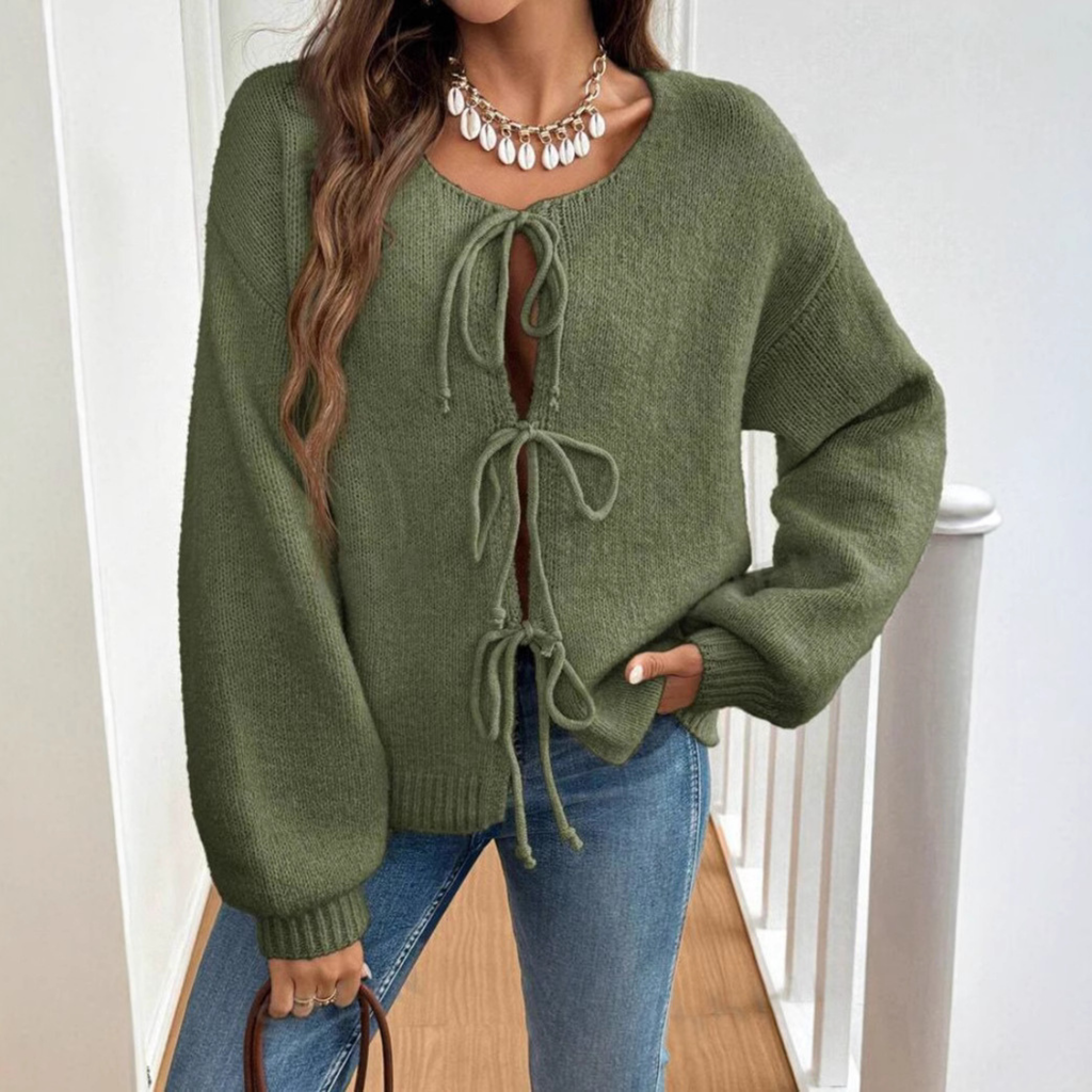 ADRIENNE™ - Chic Long Sleeve Round Neck Tie Front Cardigan