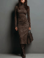 Monika - Long Suede Midi Dress for Fall with Long Sleeves
