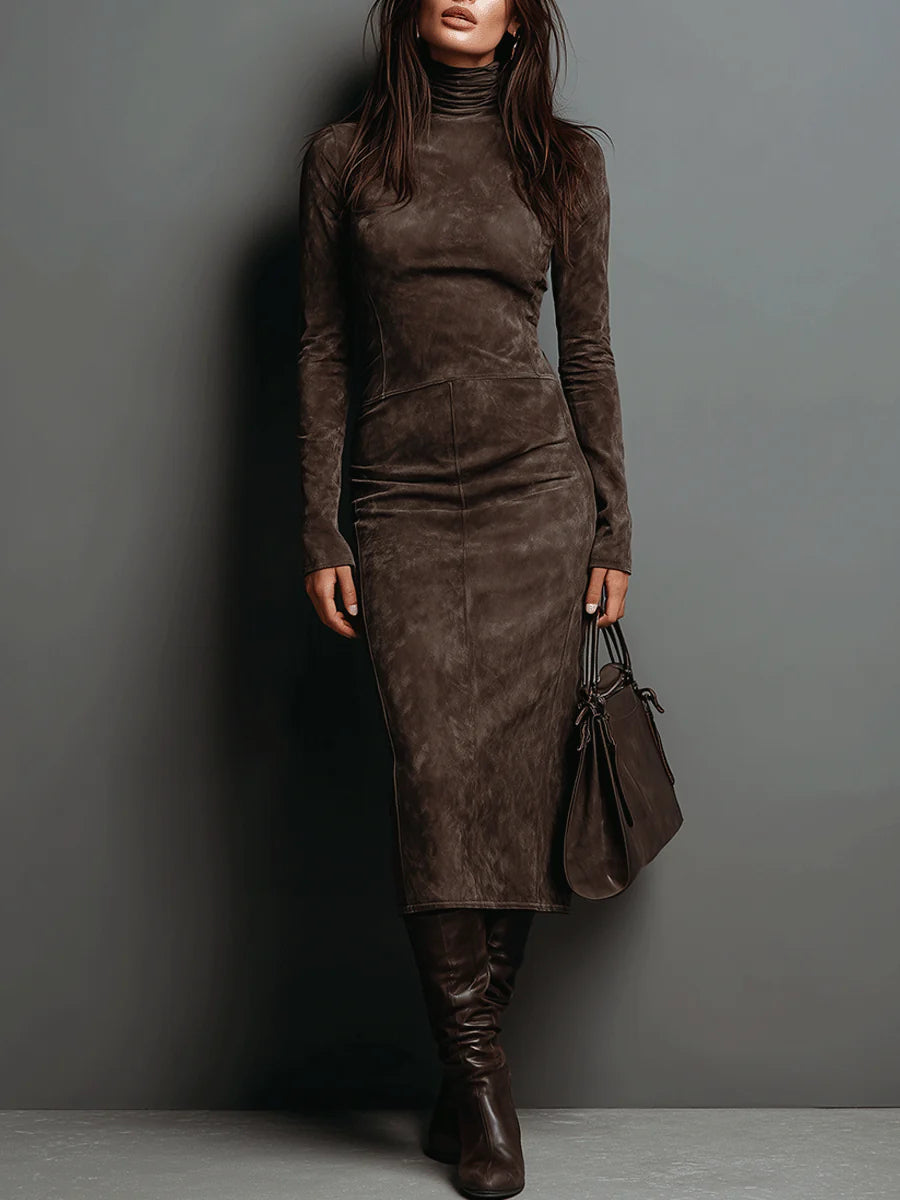 Monika - Long Suede Midi Dress for Fall with Long Sleeves