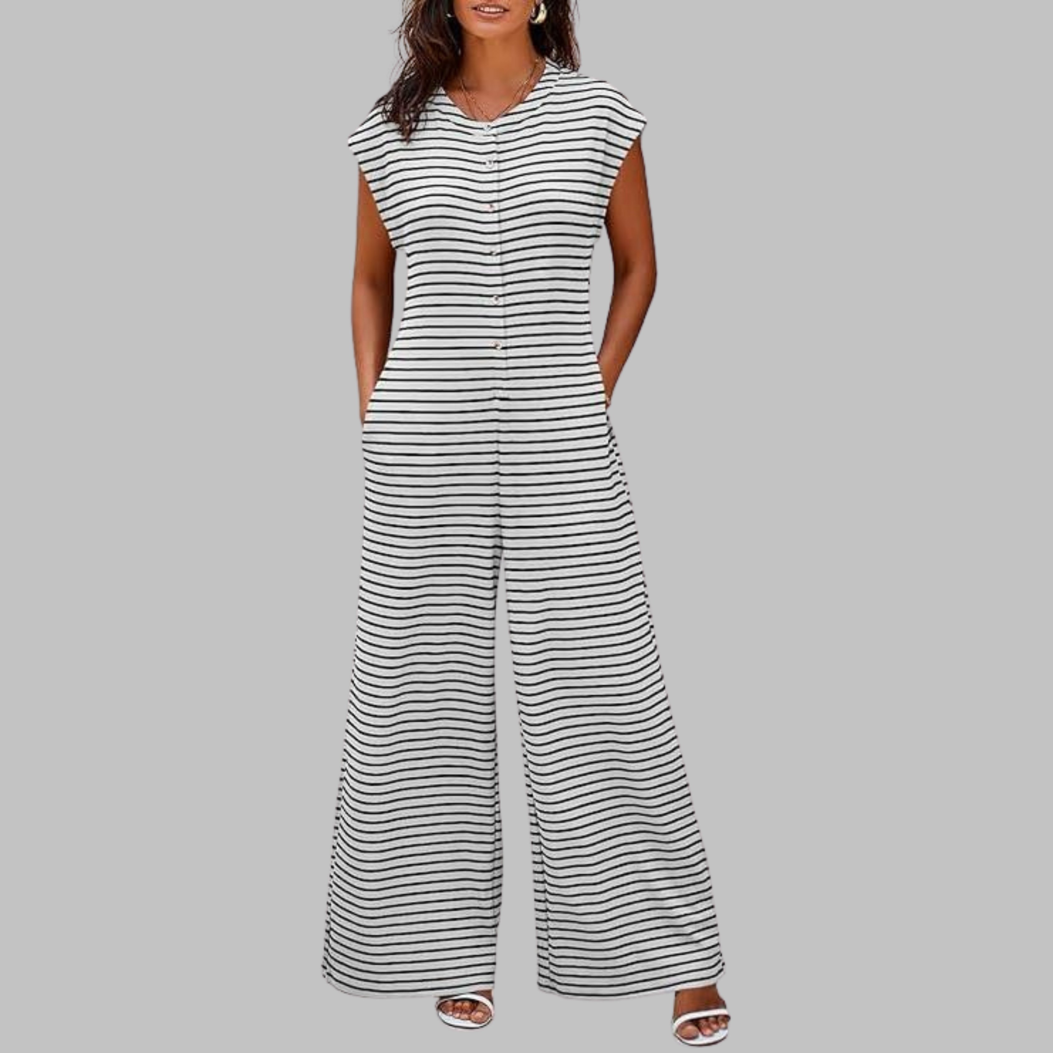 KETURAH™ - Casual Striped Cap Sleeve Wide Leg Jumpsuit