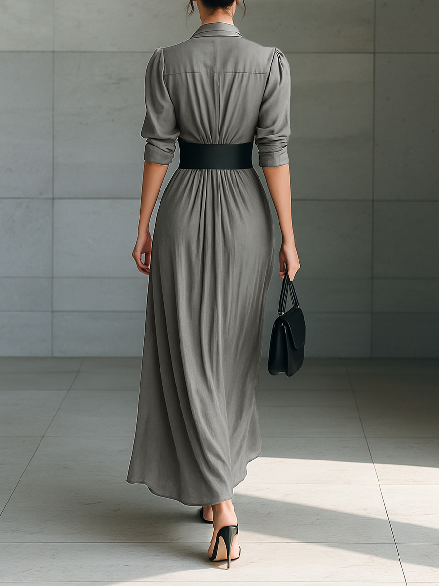 Helena - Long Pleated Dress with Belt and V-Neck