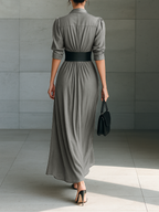 Helena - Long Pleated Dress with Belt and V-Neck