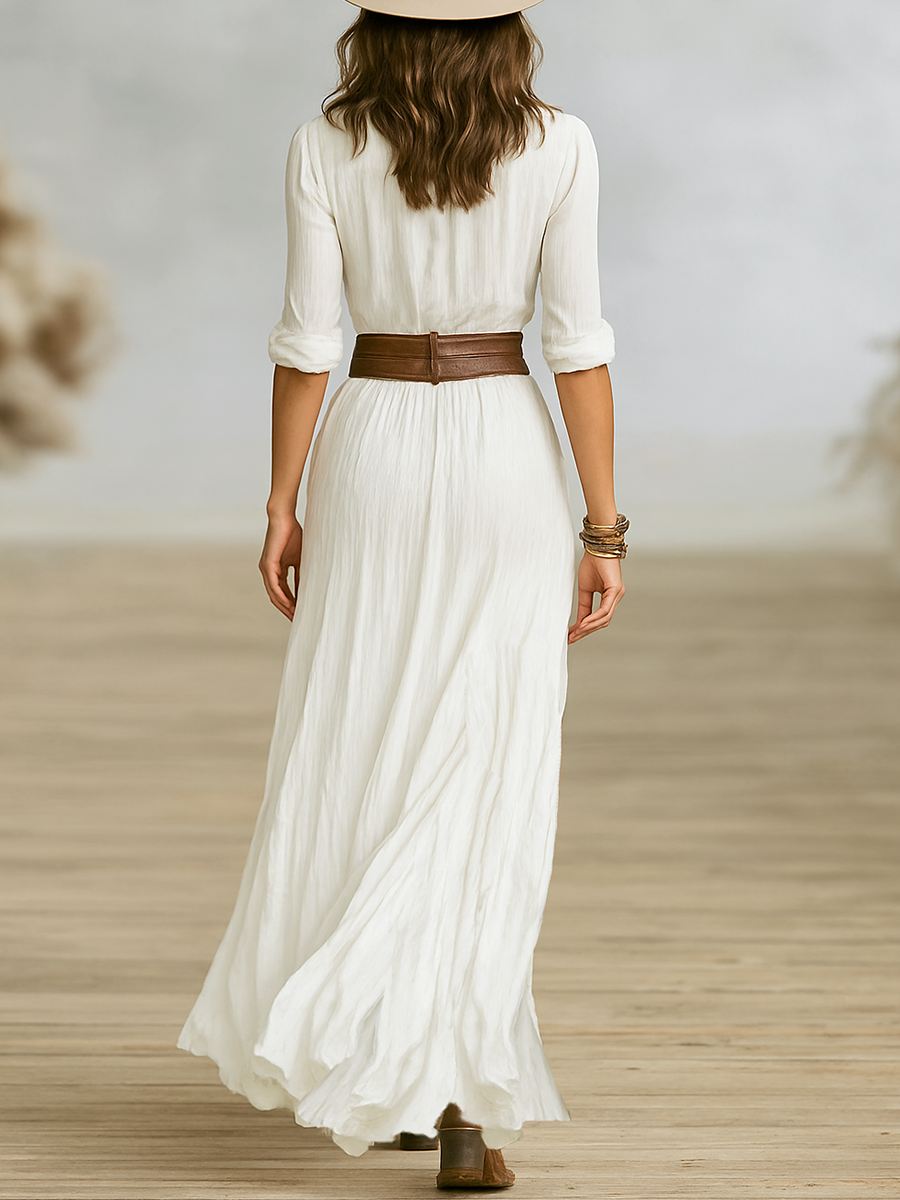 Katarzyna - Linen Long Dress with Reversed Collar and Belt