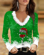 Celeste Patterned Long-Sleeved V Neck Top