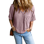 JANELLE™ – Casual Textured Pocket V-Neck Tee