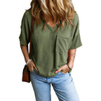 JANELLE™ – Casual Textured Pocket V-Neck Tee