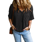 JANELLE™ – Casual Textured Pocket V-Neck Tee