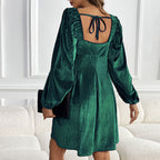 KEYZI™ - Cozy Plain Bishop Sleeve Square Neck Mini Dress