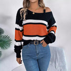 ALTHEIRA™ - Casual Striped Asymmetrical Neck Long Sleeve Sweater