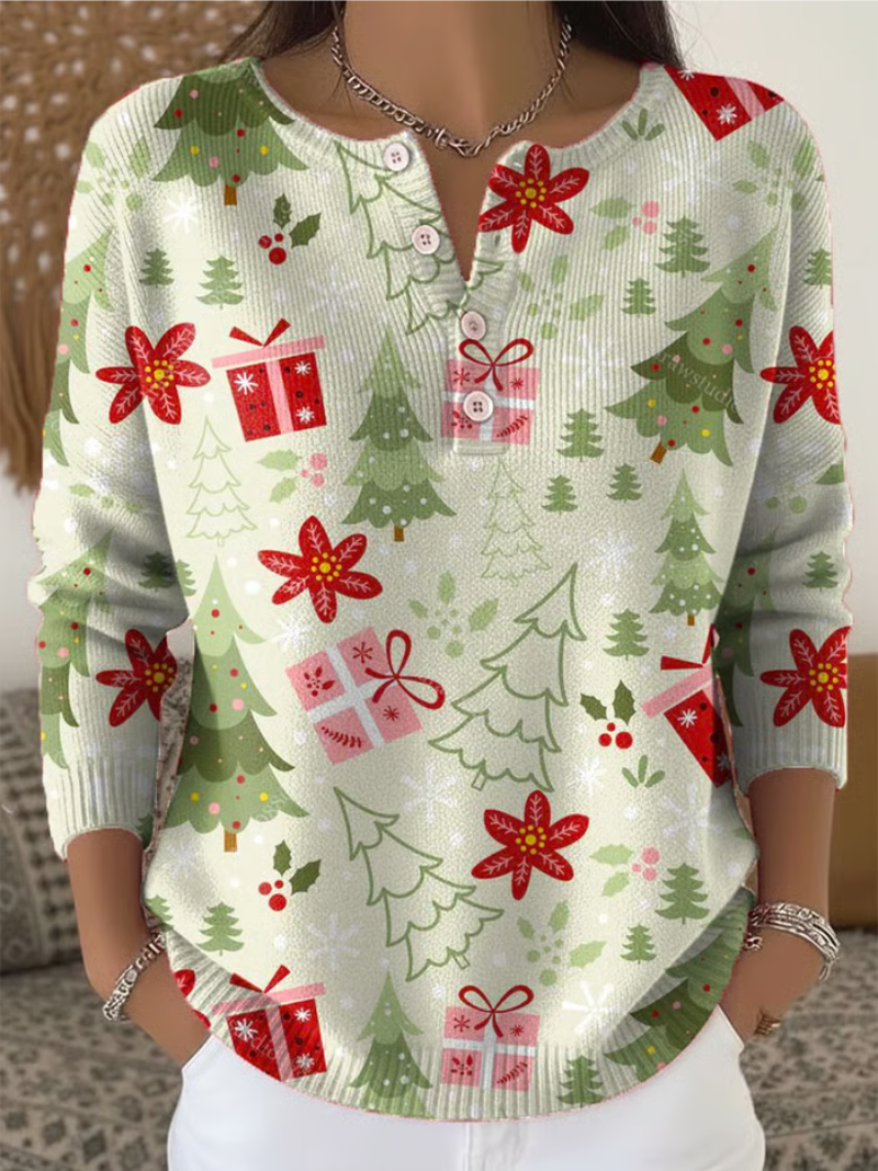 Carmen - Christmas Sweater with Gift and Pine Tree Print