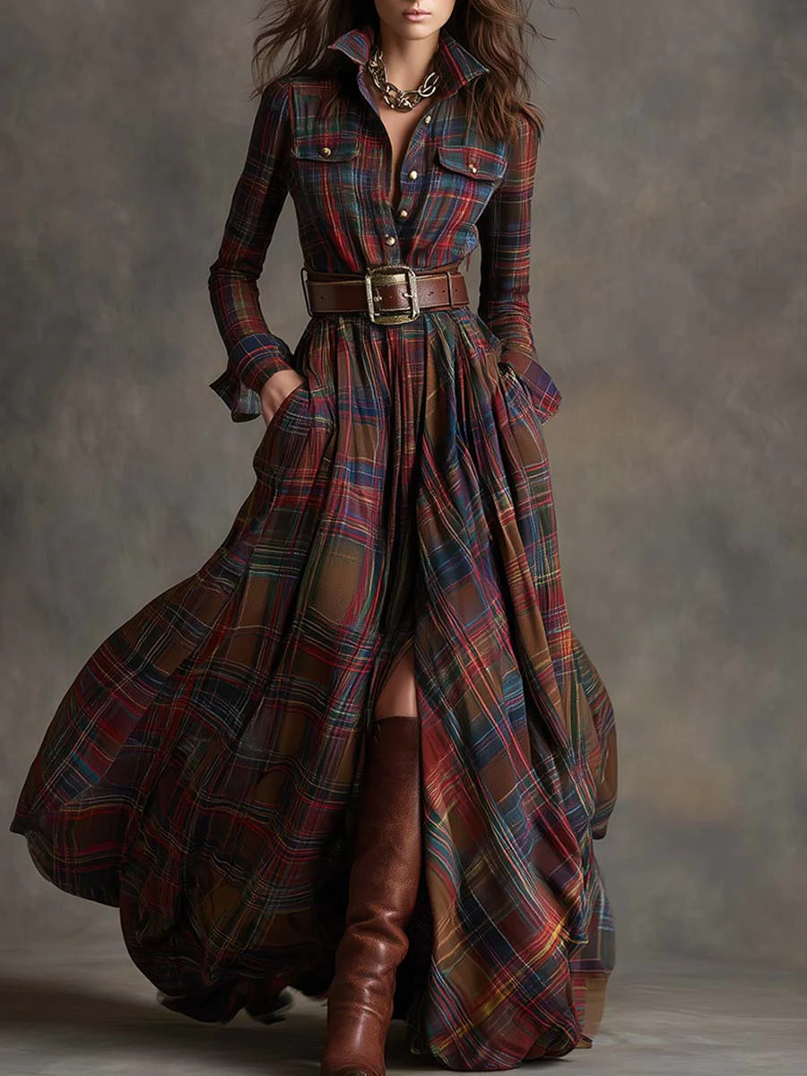Ewelina - Long plaid dress with a belt and long sleeves