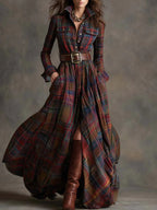 Ewelina - Long plaid dress with a belt and long sleeves