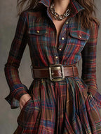 Ewelina - Long plaid dress with a belt and long sleeves