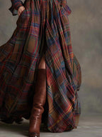Ewelina - Long plaid dress with a belt and long sleeves
