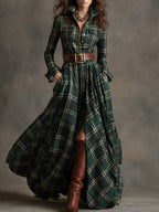 Ewelina - Long plaid dress with a belt and long sleeves
