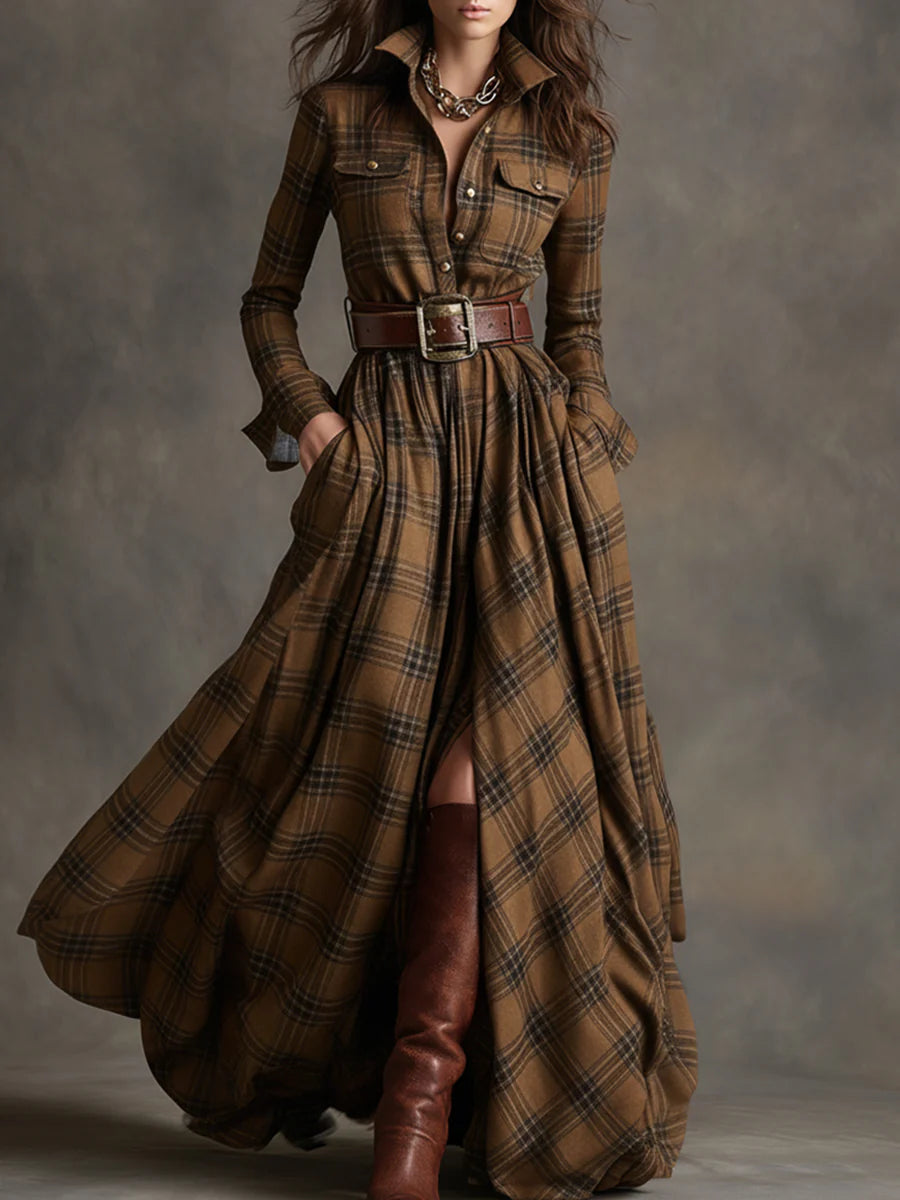 Ewelina - Long plaid dress with a belt and long sleeves