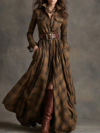 Ewelina - Long plaid dress with a belt and long sleeves