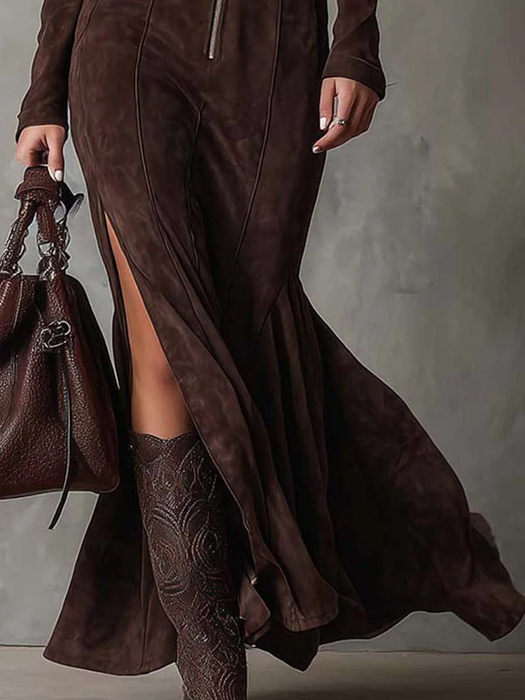 Joanna - Long Brown Dress with Belt and Slit