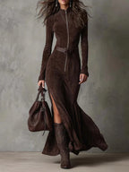 SANRA - Long Suede Dress with Zip and Belt