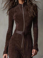 Joanna - Long Brown Dress with Belt and Slit