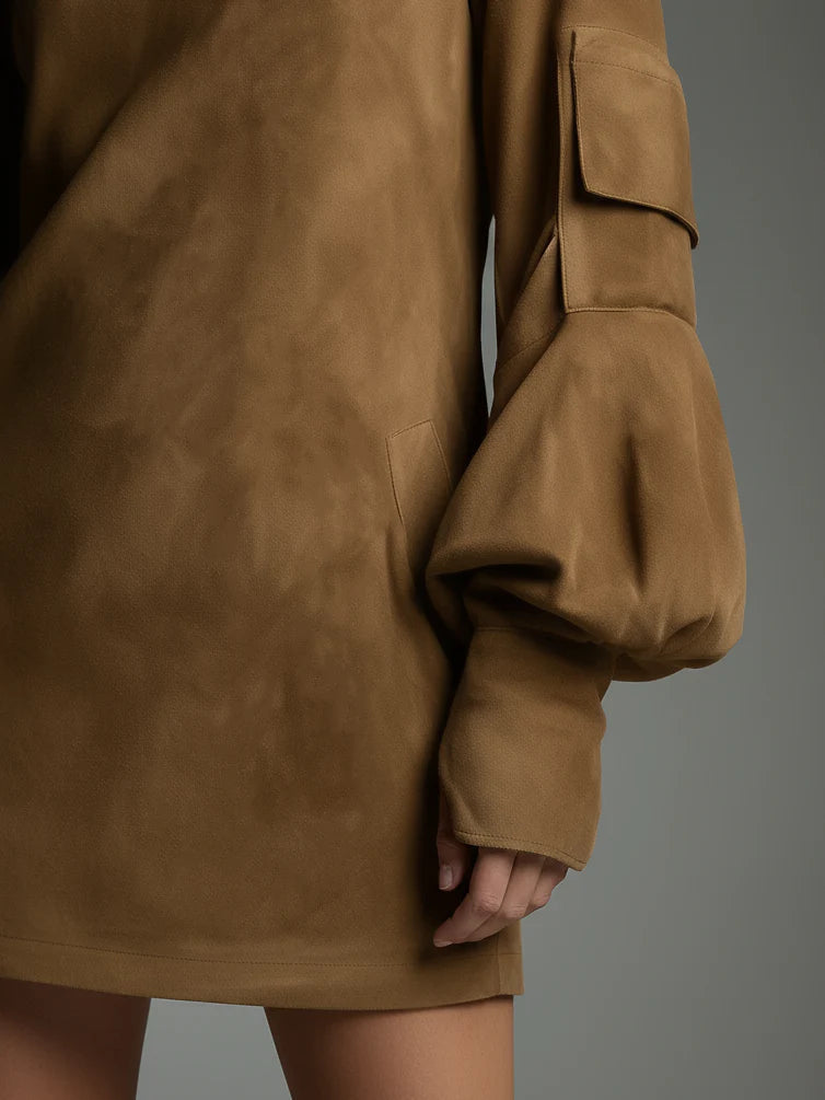 Marlena - Loose dress with a high collar made of soft suede