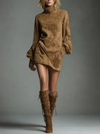 Marlena - Loose dress with a high collar made of soft suede