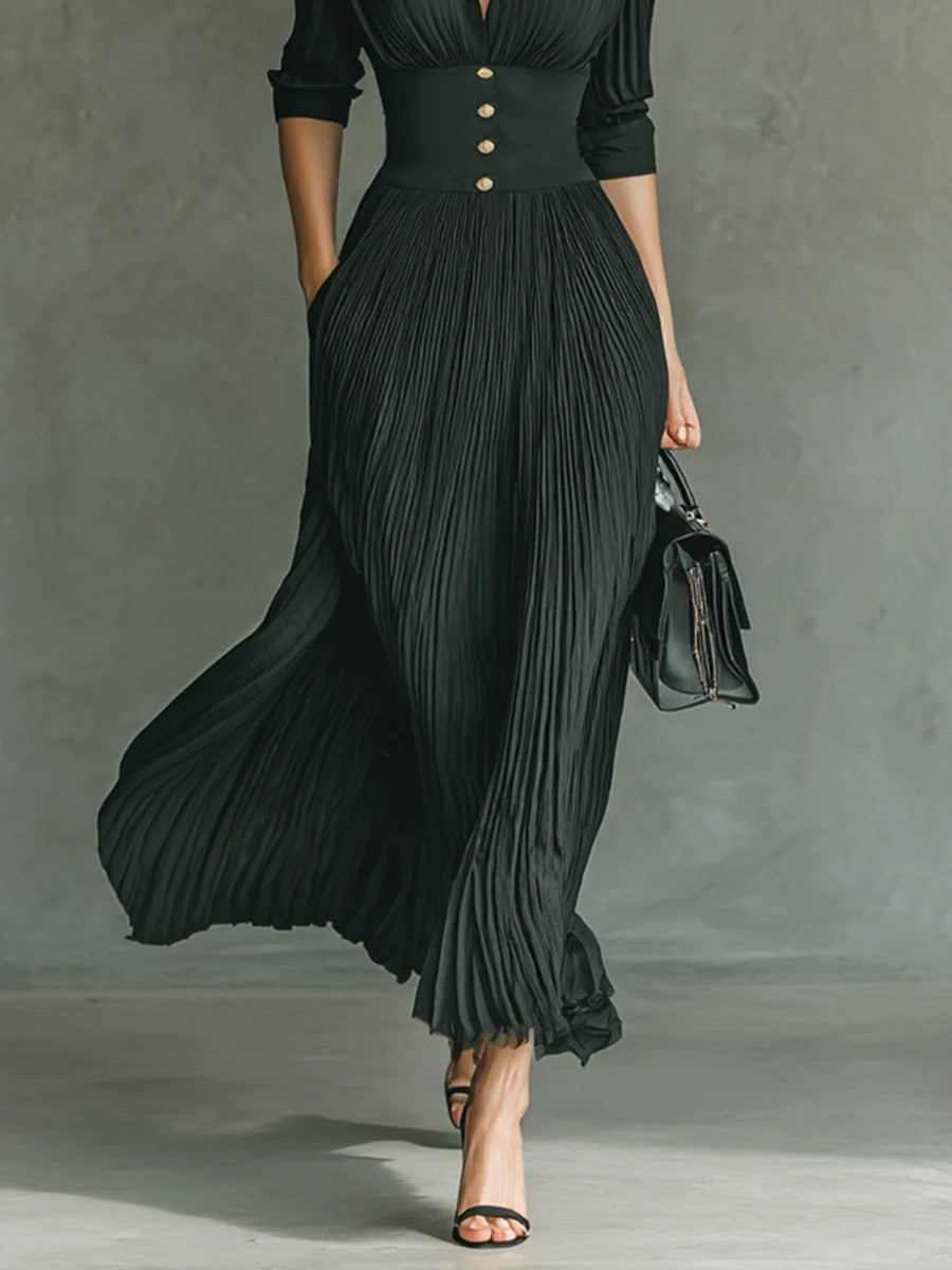 Aleksandra - Pleated Maxi Dress with Collar and High Waist