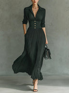 Aleksandra - Pleated Maxi Dress with Collar and High Waist