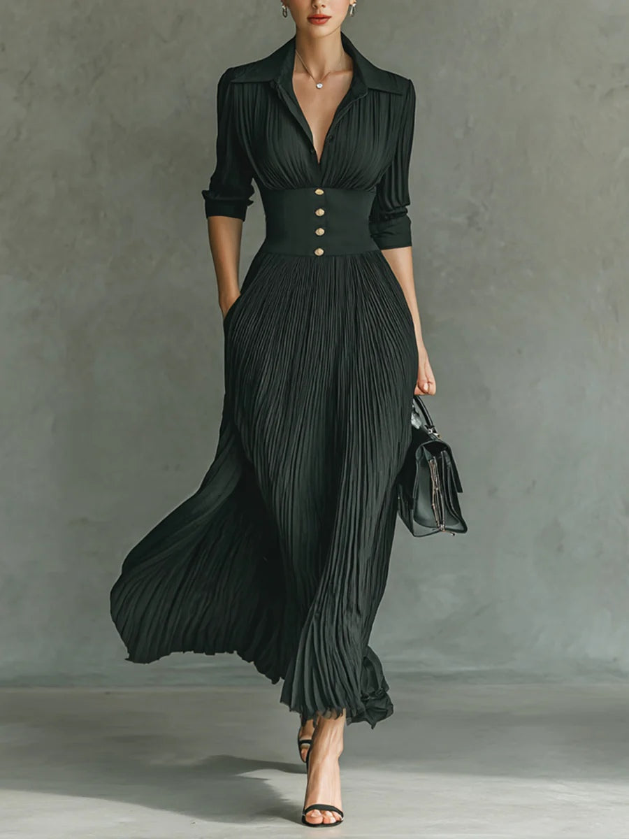 Aleksandra - Pleated Maxi Dress with Collar and High Waist