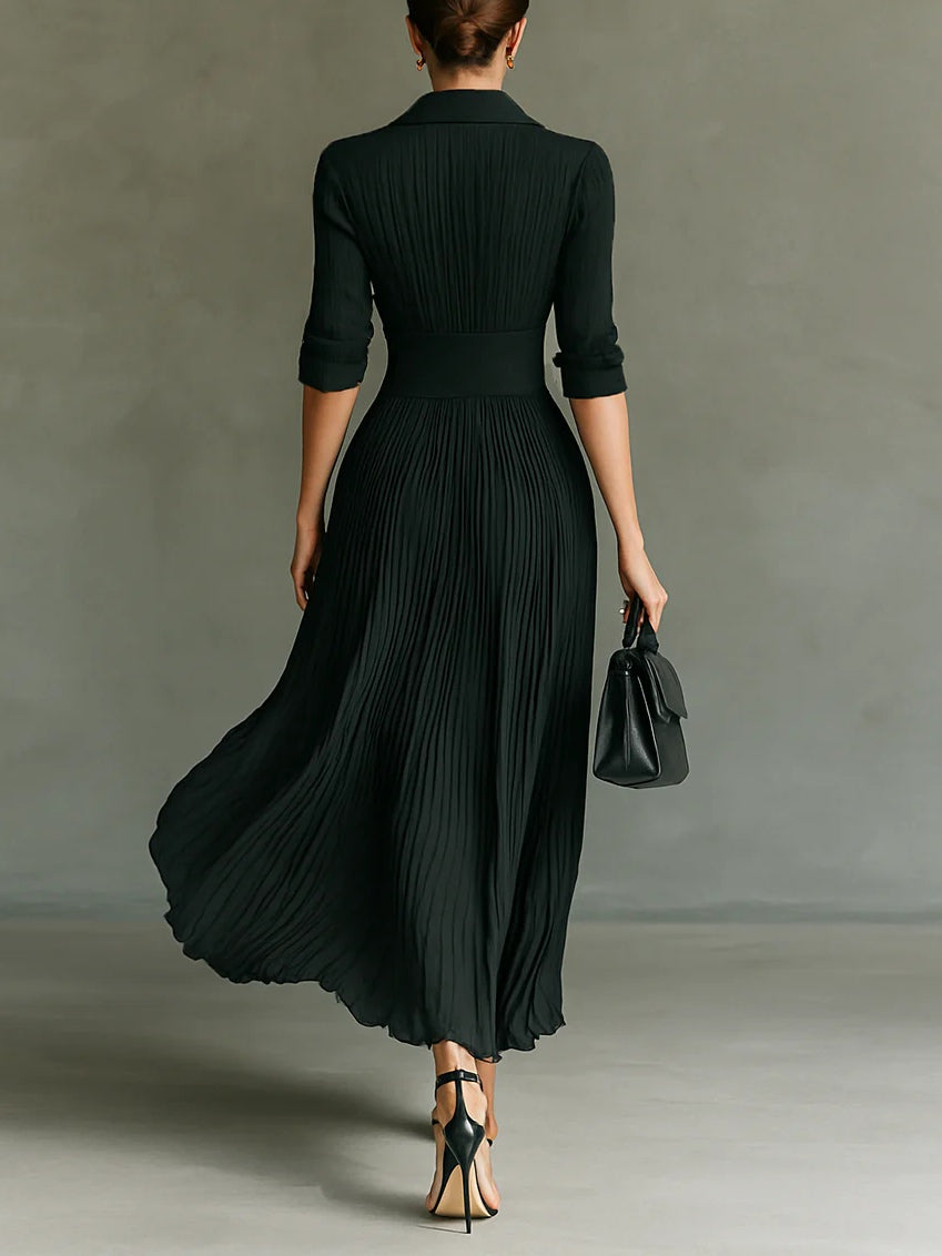 Aleksandra - Pleated Maxi Dress with Collar and High Waist